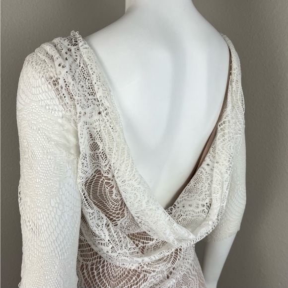 NAKED WARDROBE Crochet Lace Cowl Back Mini Dress Boho 70s Coquette Prairie Bride - Picture 11 of 16